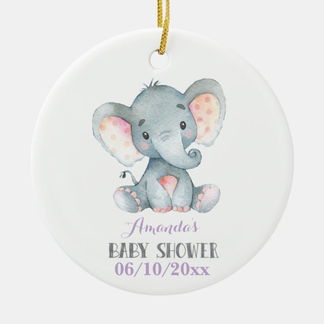 Girl Elephant Babydusche Lila und grau Keramik Ornament (Vorne)