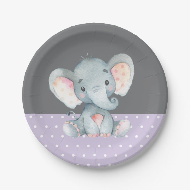 Girl Elephant Babydusche Lila und grau Pappteller (Vorderseite)