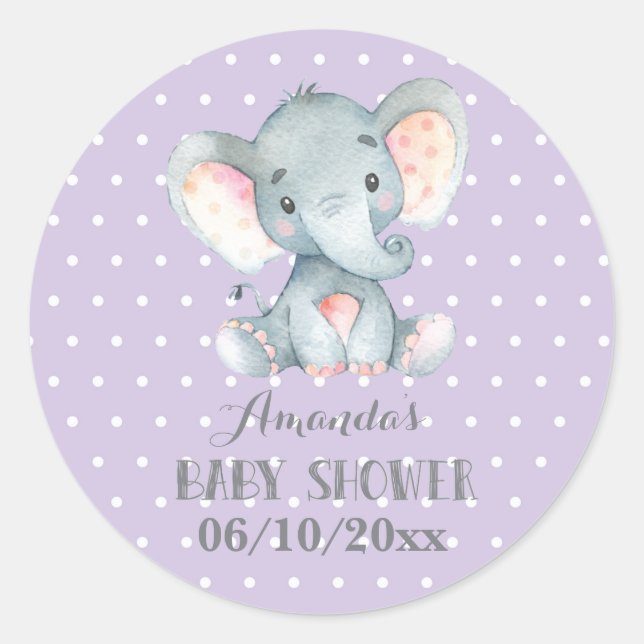 Girl Elephant Babydusche Lila und grau Runder Aufkleber (Vorderseite)