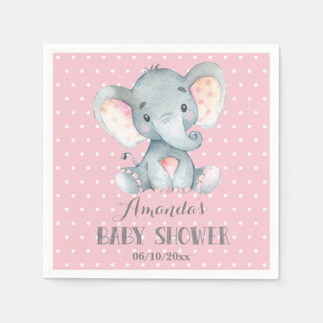 Girl Elephant Babydusche Rosa und Grau Napkins Serviette (Vorderseite)