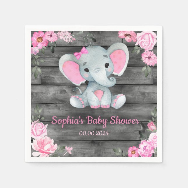 Girl Elephant Dusche Blumenrosa Papier Napkins Serviette (Vorderseite)
