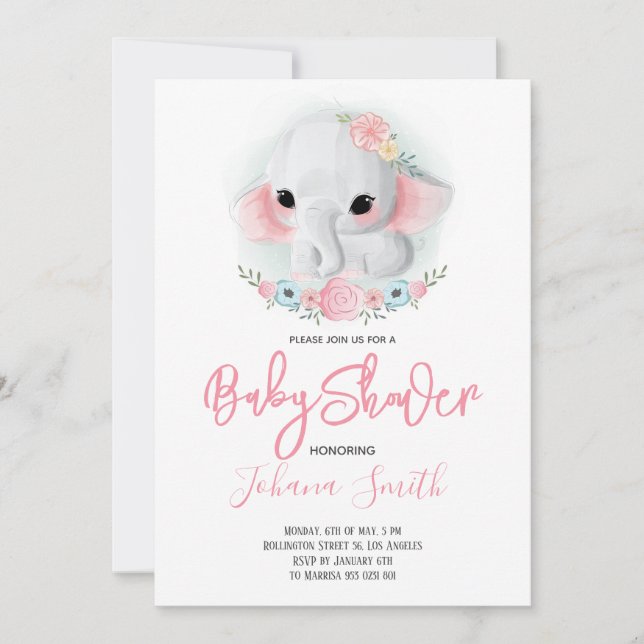 Girl Elephant Floral Baby Shower Einladung (Vorderseite)