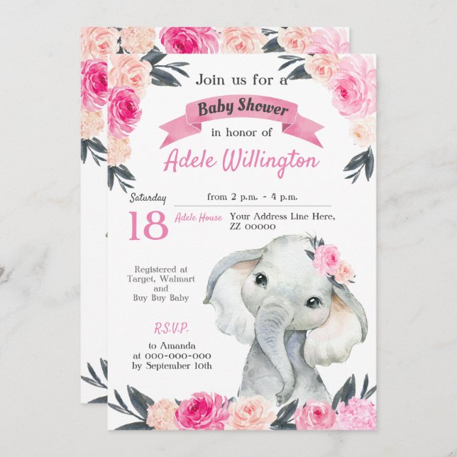 Girl Elephant Floral Pink Roses Rustikales Elegant Einladung (Vorne/Hinten)