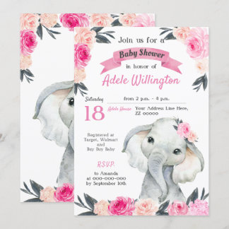 Girl Elephant Floral Pink Roses Rustikales Elegant Einladung