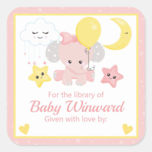 Girl Elephant mit Moon & stars Library Buchzeichen Quadratischer Aufkleber