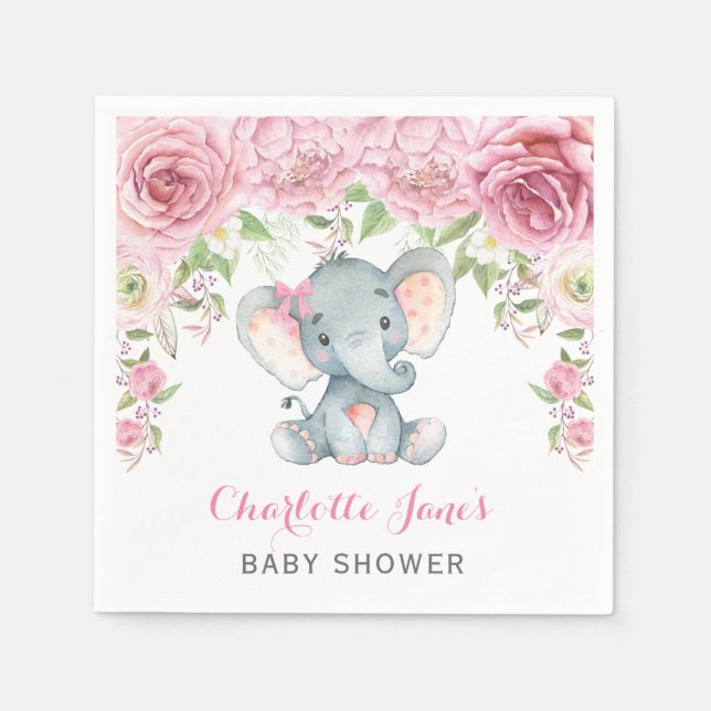 Girl Elephant Paper Napkin Pink Floral Baby Dusche Serviette (Vorderseite)