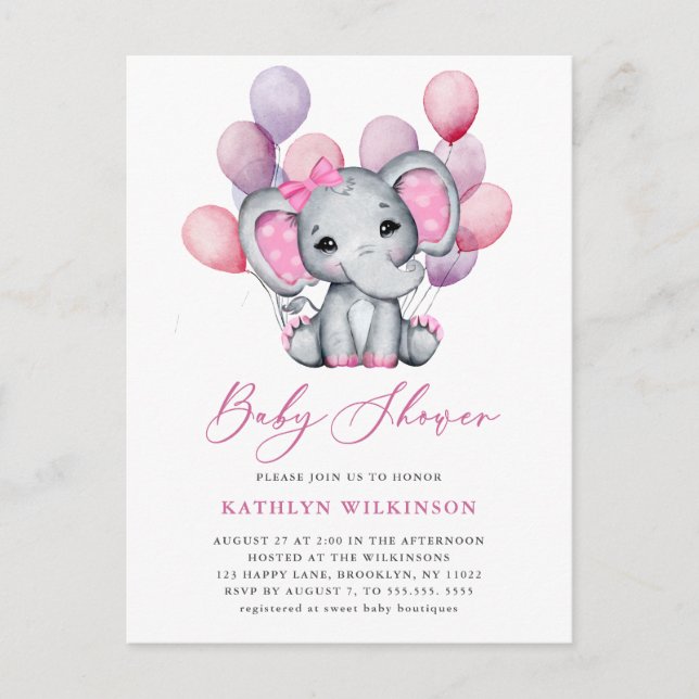 Girl Elephant Pink Ballon Script Niedlich Baby Dus Einladungspostkarte (Vorderseite)