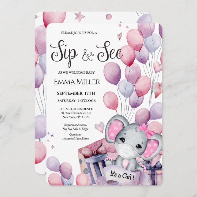 Girl Elephant Pink Balloons Baby Sip & See Einladung (Vorne/Hinten)