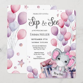 Girl Elephant Pink Balloons Baby Sip & See Einladung