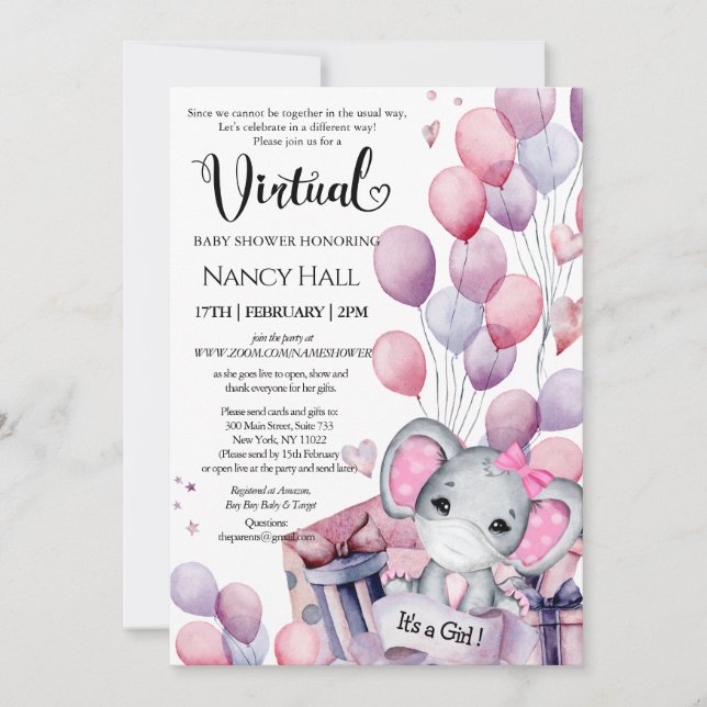 Girl Elephant Pink Balloons Virtual Baby Dusche Einladung (Vorderseite)