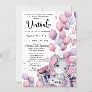 Girl Elephant Pink Balloons Virtual Baby Dusche Einladung
