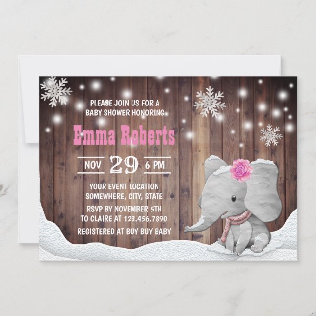 Girl Elephant Snowflaches Rustic Winter Baby Showe Einladung (Vorderseite)
