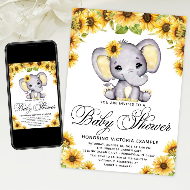 Girl Elephant Sonnenblume Kinderdusche Einladung (Sunflower elephant baby shower invitation with cute baby elephant and sunflowers. Print & Download)