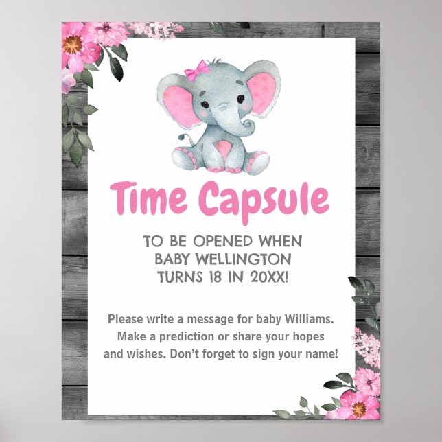 Girl Elephant Time Kapsel Baby Duschzeichen Poster (Vorne)