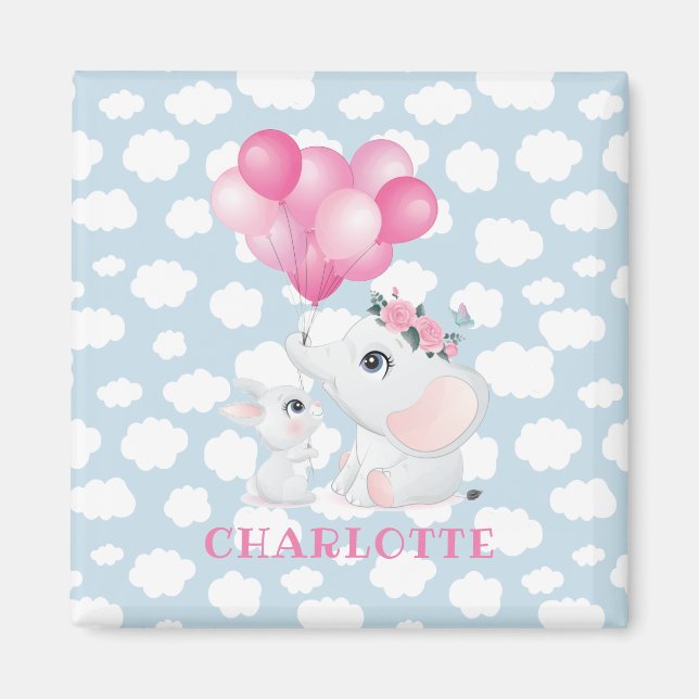 Girl Elephant und Bunny mit Blume und Ballon Magnet (Vorne)