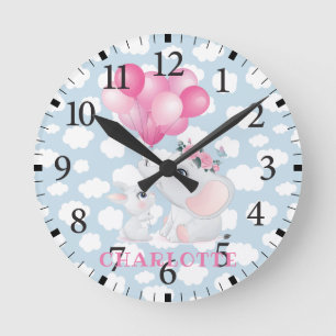 Girl Elephant und Bunny mit Blume und Ballon Runde Wanduhr