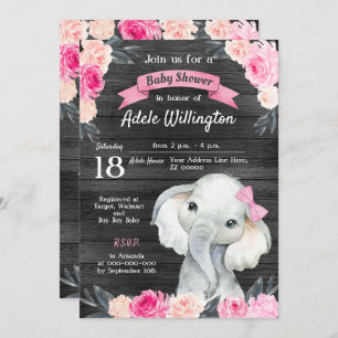Girl Elephant Wasserfarbe Blumenrosa Rosen Holz Einladung
