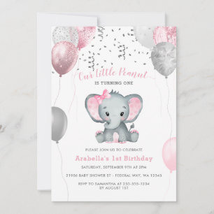 Girl Elephant Watercolor Balloons 1. Geburtstag Einladung