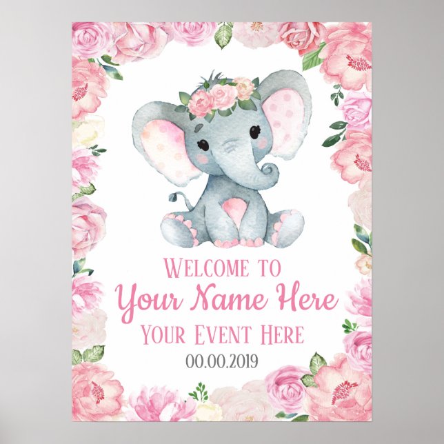 Girl Elephant Welcome Sign Baby Rose Bloral Poster (Vorne)
