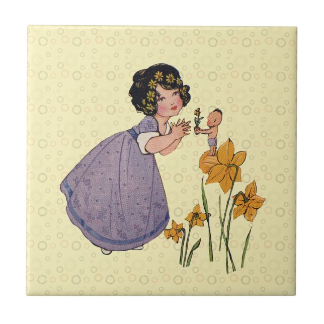 Girl Elf Fairy Daffodil Antique Oaster Fliese (Vorderseite)