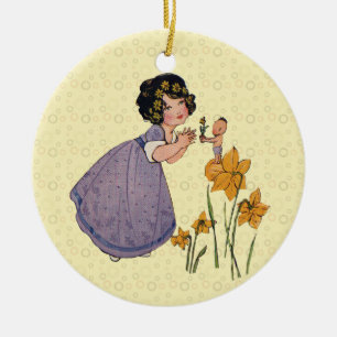Girl Elf Fairy Daffodil Antique Oaster Keramik Ornament