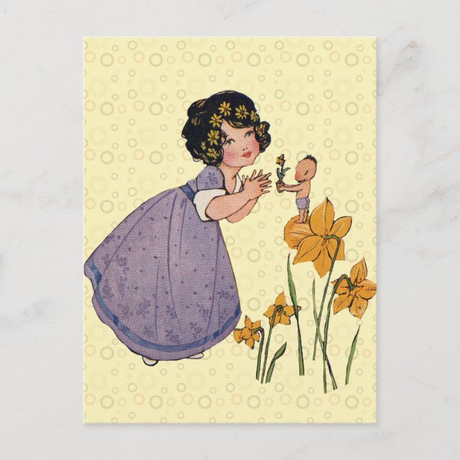 Girl Elf Fairy Daffodil Antique Oaster Postkarte (Vorderseite)