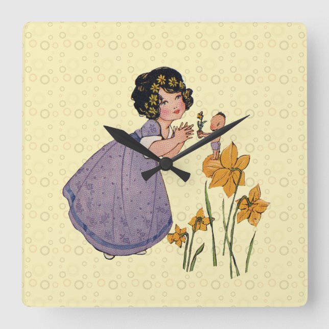 Girl Elf Fairy Daffodil Antique Oaster Quadratische Wanduhr (Vorderseite)