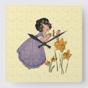 Girl Elf Fairy Daffodil Antique Oaster Quadratische Wanduhr