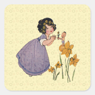 Girl Elf Fairy Daffodil Antique Oaster Quadratischer Aufkleber