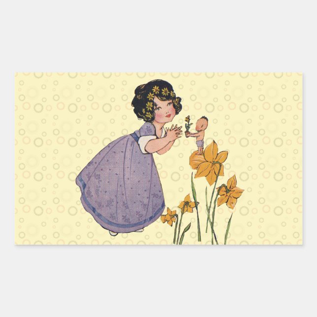 Girl Elf Fairy Daffodil Antique Oaster Rechteckiger Aufkleber (Vorderseite)