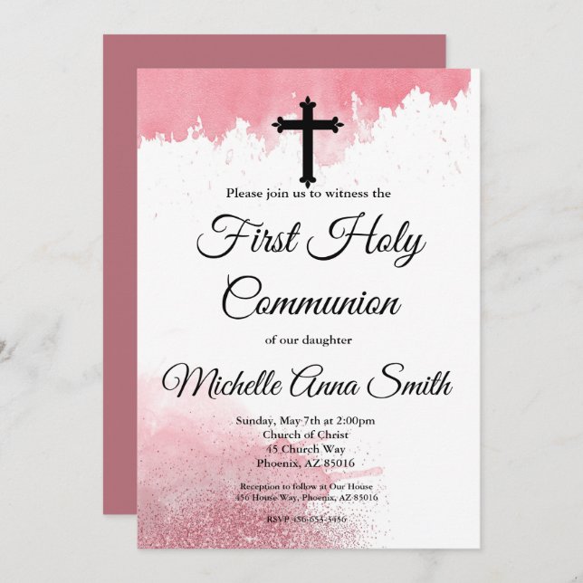 Girl Erste Heilige Kommune Rose Gold Wasserfarbe Einladung (Vorne/Hinten)