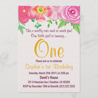 Girl Erster 1. florale Geburtstagsparty Einladung
