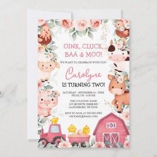 Girl Farm Animals Pink Barnyard Geburtstag Einladu Einladung