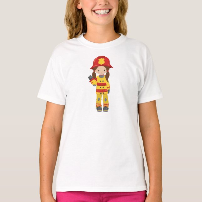 Girl Fireman, Feuerwehrfrau, braune Haare T-Shirt (Vorderseite)