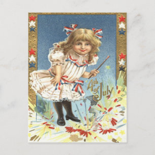 Girl Fireworks Firecracker Stars & Streifen Postkarte
