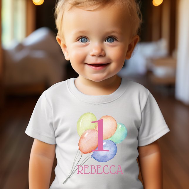 Girl First Birthday Balloons und Name Baby T-shirt (Change the number to ANY AGE!)