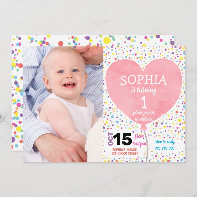 Girl First Birthday Confetti Herzballon Foto Einladung (Vorne/Hinten)