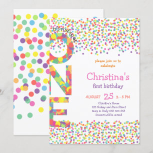 Girl First Birthday Confetti Rainbow Niedlich Einladung