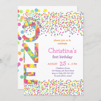 Girl First Birthday Confetti Rainbow Niedlich Einladung