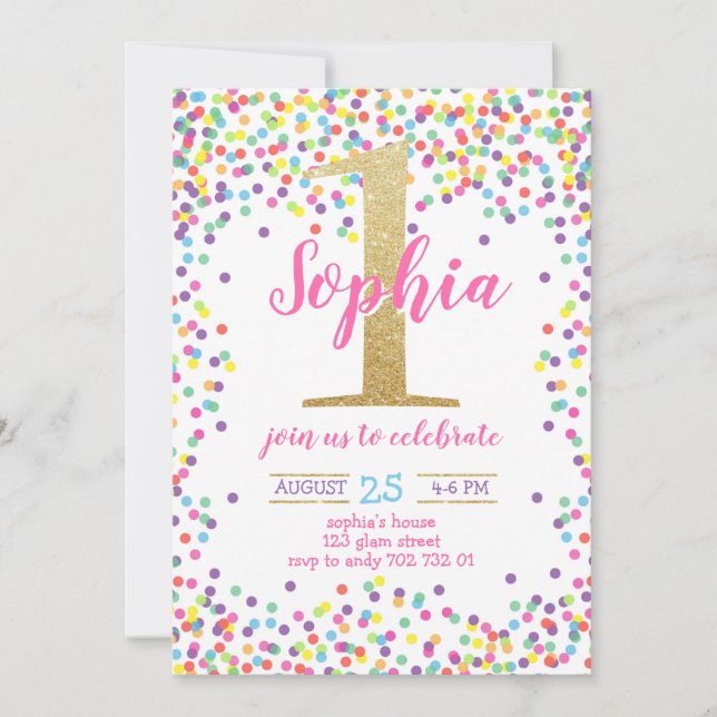 Girl First Birthday farbenfrohe Confetti Goldnumme Einladung (Vorderseite)