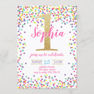 Girl First Birthday farbenfrohe Confetti Goldnumme Einladung