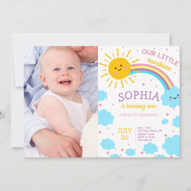 Girl First Birthday Foto Little Sunshine Picture Einladung (Vorderseite)