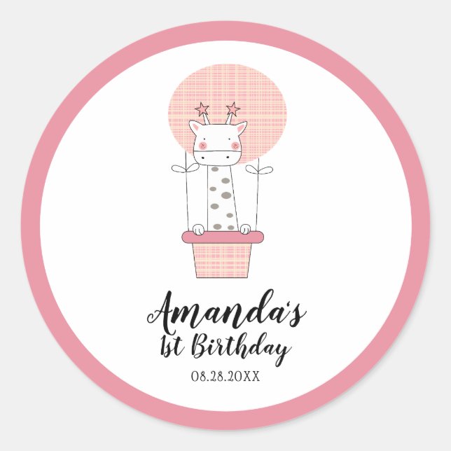 Girl First Birthday Giraffe Classic Round Sticker (Vorderseite)