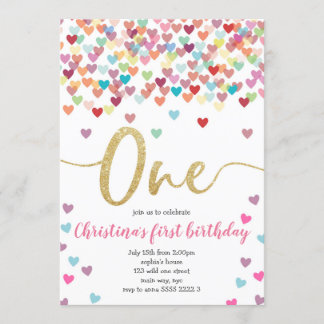 Girl First Birthday Hearts Rainbow Dusche Glitzer Einladung