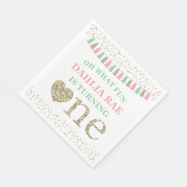Girl First Birthday Party Napkins Pink Mint Gold Serviette (Ecke)