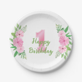 Girl First Birthday Party Platin Pink Green Floral Pappteller