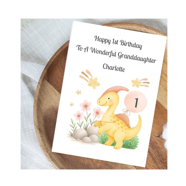 Girl First Birthday Pink Yellow Dinosaur Card Karte (Von Creator hochgeladen)