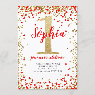Girl First Birthday Red Gold Number Confetti Einladung