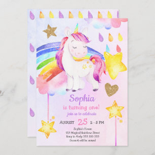 Girl First Birthday Unicorn Regenbogenfarbe Einladung