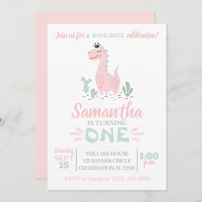 Girl First Birthday Watercolor Dinosaurier Einladu Einladung (Vorne/Hinten)